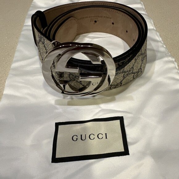 Gucci Web Beige/Blue Stripes Logo Men D-Ring Belt Size 90/36 - Picture 1 of 6